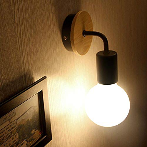 Luxvista 1x Aplique E27 Moderno Nórdico Portalámpara de Pared Redonda Base de Madera de Roble, Encendido Arriba/Abajo, Iluminación Minimalista Decorativa para Interior/Loft/Cama (Sin Bombilla, Negro)