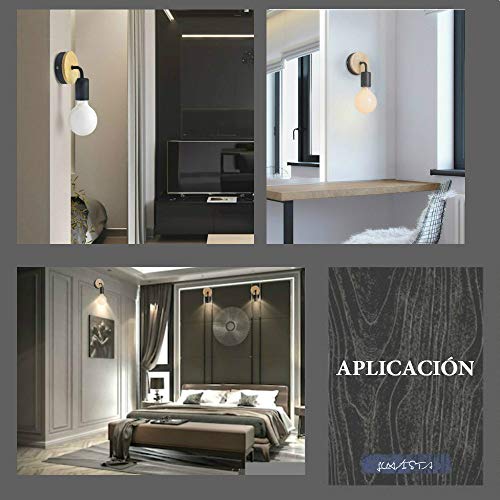 Luxvista 1x Aplique E27 Moderno Nórdico Portalámpara de Pared Redonda Base de Madera de Roble, Encendido Arriba/Abajo, Iluminación Minimalista Decorativa para Interior/Loft/Cama (Sin Bombilla, Negro)
