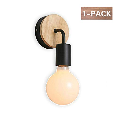 Luxvista 1x Aplique E27 Moderno Nórdico Portalámpara de Pared Redonda Base de Madera de Roble, Encendido Arriba/Abajo, Iluminación Minimalista Decorativa para Interior/Loft/Cama (Sin Bombilla, Negro)