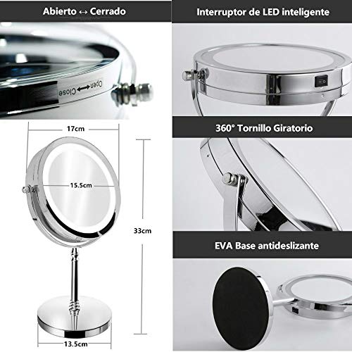 Luxvista Espejo Maquillaje con Luz LED, Doble cara 1x/10x Aumento 18 Luces LED 360° Rotación Redondo Cosmética Espejo luminoso portátil, Profesional para baño,Vanidad, Vestirse, Afeitarse, Viajar
