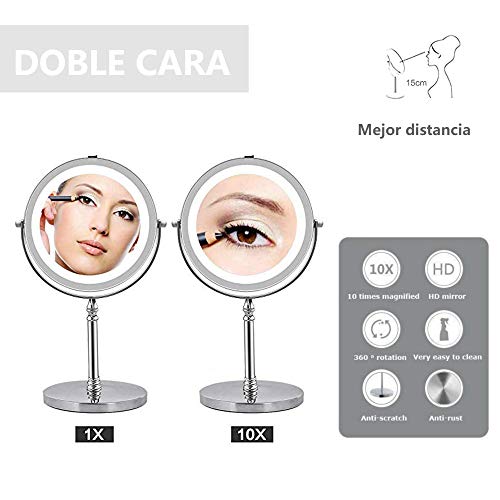 Luxvista Espejo Maquillaje con Luz LED, Doble cara 1x/10x Aumento 18 Luces LED 360° Rotación Redondo Cosmética Espejo luminoso portátil, Profesional para baño,Vanidad, Vestirse, Afeitarse, Viajar