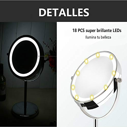 Luxvista Espejo Maquillaje con Luz LED, Doble cara 1x/10x Aumento 18 Luces LED 360° Rotación Redondo Cosmética Espejo luminoso portátil, Profesional para baño,Vanidad, Vestirse, Afeitarse, Viajar