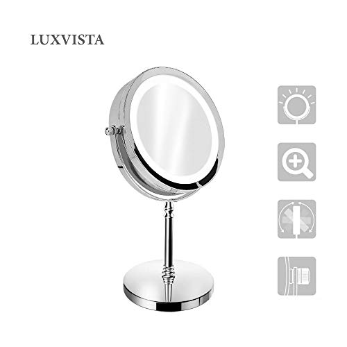 Luxvista Espejo Maquillaje con Luz LED, Doble cara 1x/10x Aumento 18 Luces LED 360° Rotación Redondo Cosmética Espejo luminoso portátil, Profesional para baño,Vanidad, Vestirse, Afeitarse, Viajar