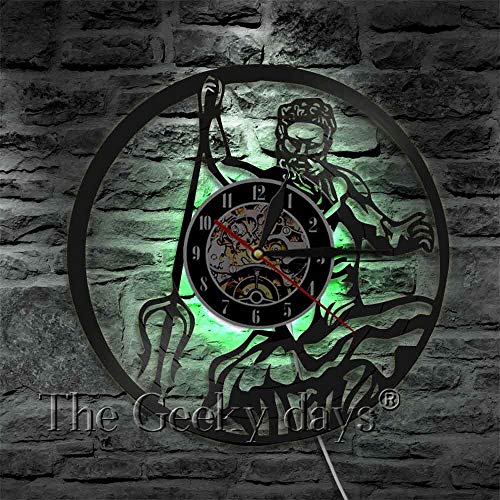 Luz nocturna europea Poseidón Mitología griega Neptuno Dios silueta Reloj de sombra en la pared del disco de vinilo Mítico griego Poseidón Reloj Conchología Decorativa Mesa de luz de pino