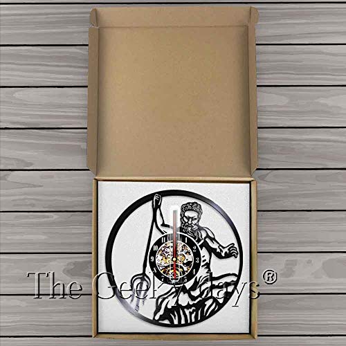 Luz nocturna europea Poseidón Mitología griega Neptuno Dios silueta Reloj de sombra en la pared del disco de vinilo Mítico griego Poseidón Reloj Conchología Decorativa Mesa de luz de pino