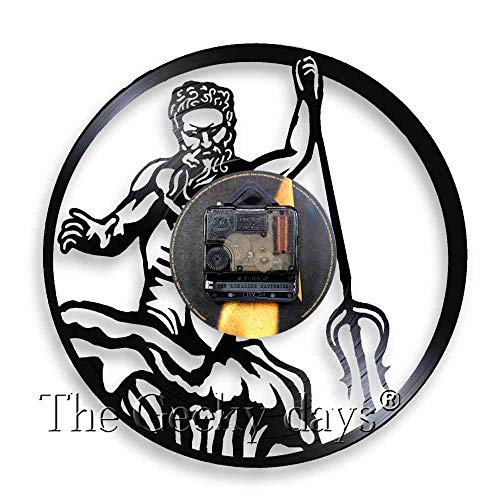 Luz nocturna europea Poseidón Mitología griega Neptuno Dios silueta Reloj de sombra en la pared del disco de vinilo Mítico griego Poseidón Reloj Conchología Decorativa Mesa de luz de pino