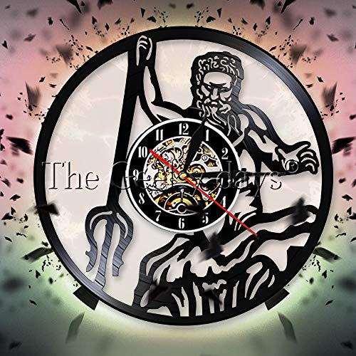 Luz nocturna europea Poseidón Mitología griega Neptuno Dios silueta Reloj de sombra en la pared del disco de vinilo Mítico griego Poseidón Reloj Conchología Decorativa Mesa de luz de pino