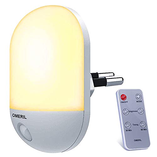 Luz Nocturna Infantil OMERIL Luz Quitamiedos con Control Remoto, Función de Temporización y 3 Brillo Ajustable, Luz Noche Enchufe para Habitación Bebé, Dormitorio, Sala, Garaje, Baño, Pasillos