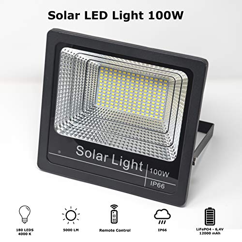 Luz Solar Exterior Mando a Distancia 100W, Foco Solar LED Luz Blanco Neutro 4000K, Lámpara Solar 180 LEDS, Iluminación Solar Hasta 15 HORAS de Luz 5000 LM