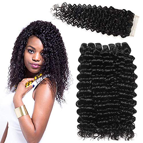 LVY pelo natural humano Extensiones de cabello pelo rizado profundo natural brasileño 3 bundle pelo natural humano con parte libre de cierre 30 35 40+25 CM