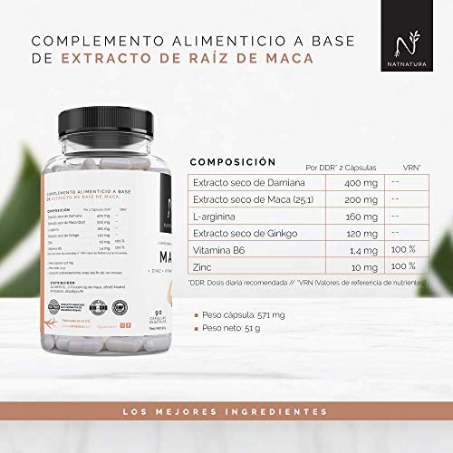 Maca. Alta concentración de maca andina pura.200mg(25:1) x2cap día, 5000mg. Aumenta el nivel de testosterona. Potenciador muscular. Aumenta los niveles de energía, resistencia y libido. 90 cápsulas.