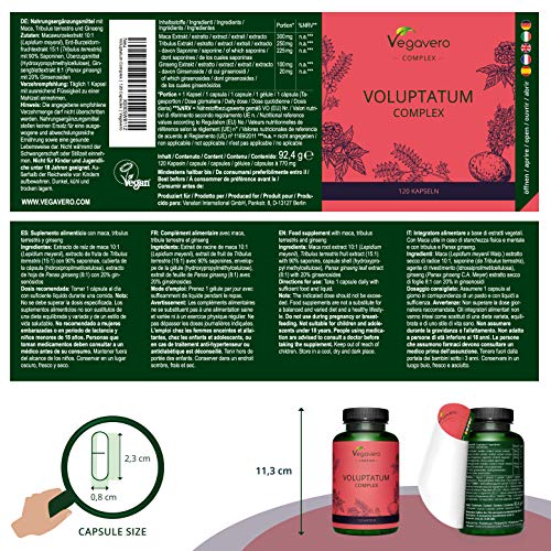 Maca + Tribulus Terrestris + Ginseng Coreano Vegavero® | 90% SAPONINAS | Testado | 100% NATURAL | 120 Cápsulas | Precursor Testosterona | Potenciador Muscular Vigorizante | Voluptatum Complex