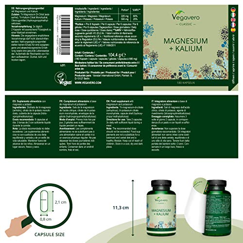 Magnesio + Potasio Vegavero® | Sin Aditivos & Apto Para Veganos | Testado en Laboratorio | 180 Cápsulas | Electrolitos & Sales Minerales | Relajante Muscular