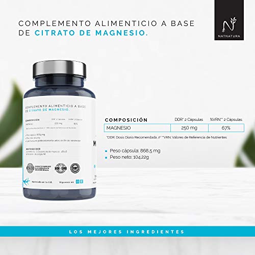 Magnesio, suplemento citrato de magnesio con 720mg por cápsula, 180 cap vegetales. Magnesio puro concentrado de alta biodisponibilidad. mejora el funcionamiento de huesos, músculos y sistema nervioso.