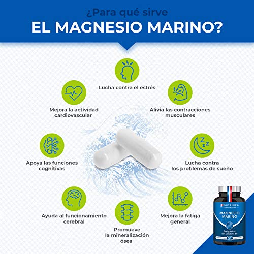 Magnesio y Vitamina B6 Cansancio Fatiga Alivio de Calambres Magnesio Marino Potente Suplemento Articulaciones Cartílagos Huesos Piel Energia Deportistas Dosis 300mg Fabricado Francia Tratamiento 4 Meses