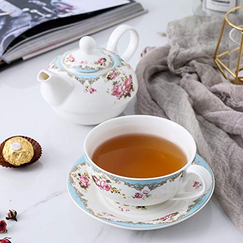 MALACASA, Serie Sweet.Time, 4 Piezas Juego de Té de Porcelana Tetera y Taza y Platillo de Tambien es Cafetera Regalo