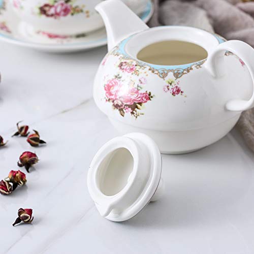 MALACASA, Serie Sweet.Time, 4 Piezas Juego de Té de Porcelana Tetera y Taza y Platillo de Tambien es Cafetera Regalo