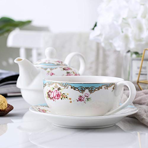 MALACASA, Serie Sweet.Time, 4 Piezas Juego de Té de Porcelana Tetera y Taza y Platillo de Tambien es Cafetera Regalo
