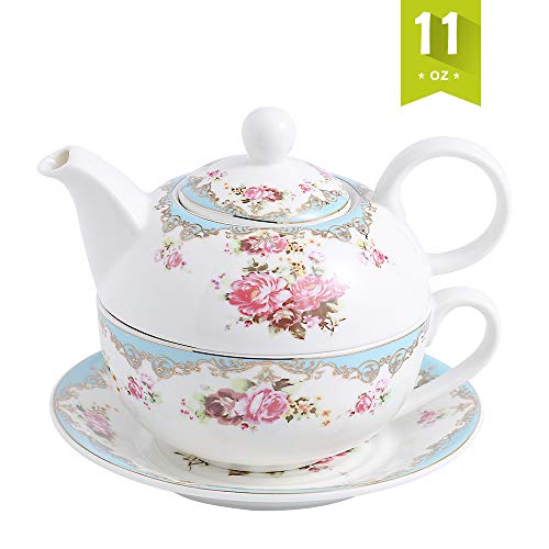 MALACASA, Serie Sweet.Time, 4 Piezas Juego de Té de Porcelana Tetera y Taza y Platillo de Tambien es Cafetera Regalo