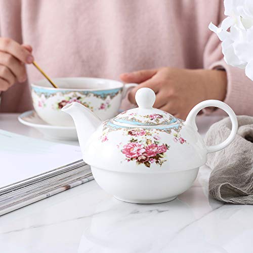 MALACASA, Serie Sweet.Time, 4 Piezas Juego de Té de Porcelana Tetera y Taza y Platillo de Tambien es Cafetera Regalo