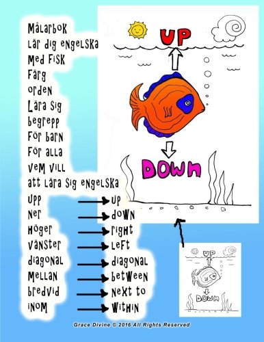 Målarbok lär dig engelska med fisk färg orden Lära sig begrepp för barn för alla vem vill att lära sig engelska upp ner höger vänster diagonal mellan bredvid inom