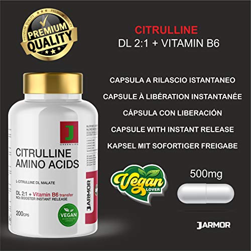 Malato de L-citrulina + Vitamina B6 | 200 cápsulas 500mg | aminoácido vegano | óxido nítrico