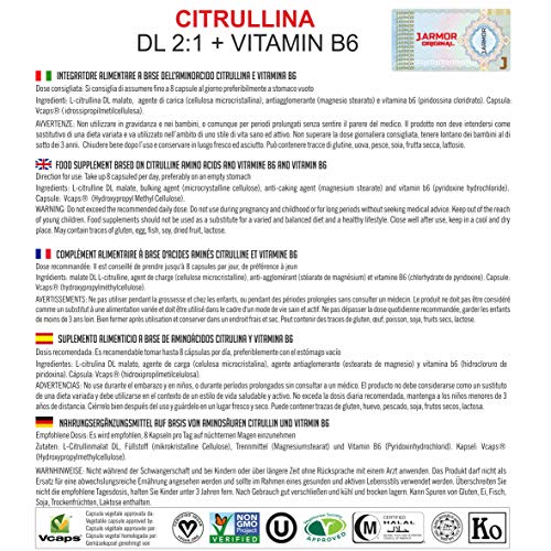 Malato de L-citrulina + Vitamina B6 | 200 cápsulas 500mg | aminoácido vegano | óxido nítrico