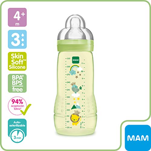 MAM Biberón Easy Active Baby Bottle A128 - Biberón con Tetina de Silicona SkinSoftTM ultra suave, 330ml, para Bebés a partir de 4 meses, Neutro, 1 unidad, Sistema auto esterilización en 3 minutos