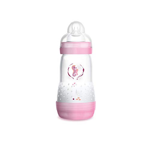MAM Easy Start Anti-Colic 260 ml, Biberón anticólicos con base de ventilación, biberón MAM autoesterilizable con tetina MAM nº 2 de silicona extrasuave, 2+ meses, rosa