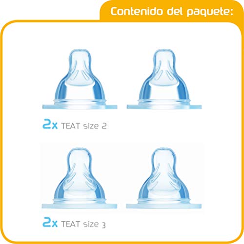 MAM Teat Set Size 2-3, 2 tetinas para +2 meses y 2 tetinas para +4 meses, accesorios para bebé en silicona SkinSoft, forma única plana, ajuste perfecto a la boca del bebé