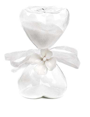 Mandorle by Paben almendras Color Plateado para bombonera, Reloj de Cristal Forma Corazón con Arena Blanca y Flor de Porcelana, Elegante Caja para bombonera, Regalo