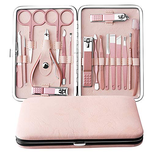 Manicure Set, Anself 18 pcs Kit de Herramientas de Manicura Pedicura Profesional Juego de Cortauñas Recortador de Limas de Uñas Afeitado de Cejas Herramienta de Corte de Pelo de Nariz (Rosa Rosa)