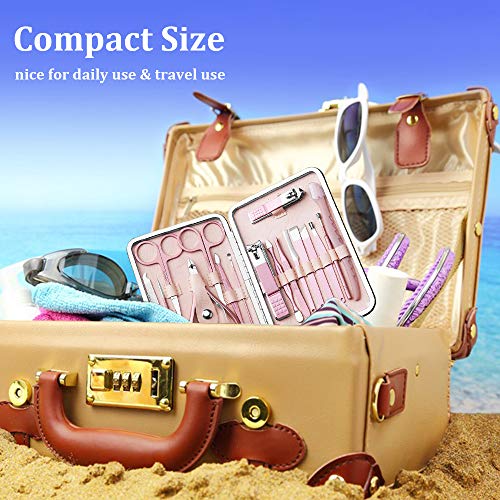 Manicure Set, Anself 18 pcs Kit de Herramientas de Manicura Pedicura Profesional Juego de Cortauñas Recortador de Limas de Uñas Afeitado de Cejas Herramienta de Corte de Pelo de Nariz (Rosa Rosa)