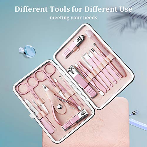 Manicure Set, Anself 18 pcs Kit de Herramientas de Manicura Pedicura Profesional Juego de Cortauñas Recortador de Limas de Uñas Afeitado de Cejas Herramienta de Corte de Pelo de Nariz (Rosa Rosa)