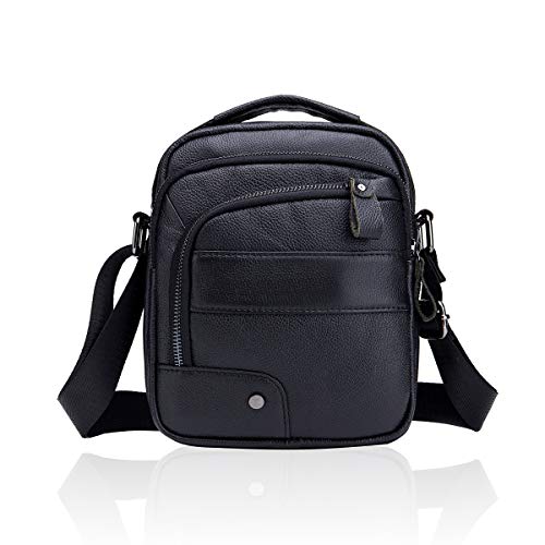 MANNUOSI Shoppers y bolsos de hombro piel autentica Bolsos para hombre vintage Business Bolsos de mano casual Bolsos cruzados multifuncional Bolsos Negro