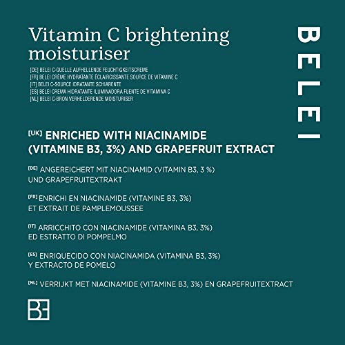 Marca Amazon - Belei - Crema hidratante iluminadora con vitamina C, 90.5% ingredientes naturales, vegana, 50 ml