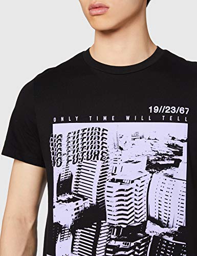 Marca Amazon - find. Camiseta con Estampado para Hombre, Negro (Black), S, Label: S