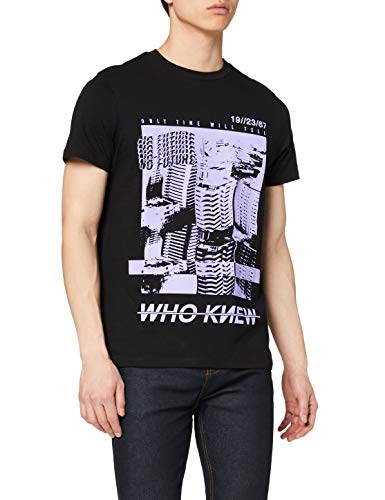 Marca Amazon - find. Camiseta con Estampado para Hombre, Negro (Black), S, Label: S