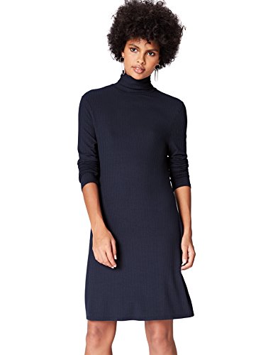 Marca Amazon - find. Vestido de Canalé con Cuello Alto para Mujer, Blau (Blue), 36, Label: XS