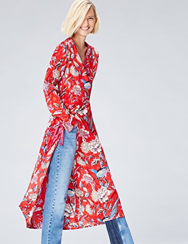 Marca Amazon - find. Vestido Midi Cruzado Mujer, Rojo (Red Mehrfarbig), 36, Label: XS