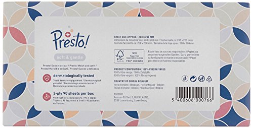 Marca Amazon - Presto! Pañuelos de 3 capas - 12 cajas (12 x 90 pañuelos)