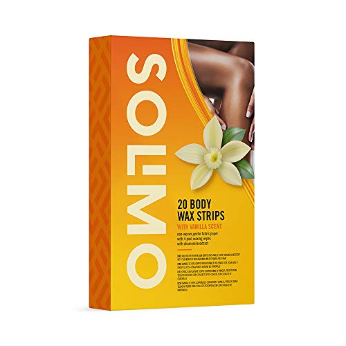 Marca Amazon - Solimo - Bandas de cera corporales con aroma de vainilla, papel de suave tejido no tejido con 4 toallitas posdepilación (4x20 bandas de cera)