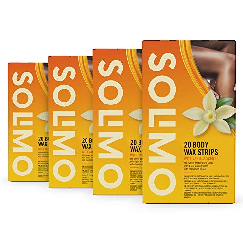 Marca Amazon - Solimo - Bandas de cera corporales con aroma de vainilla, papel de suave tejido no tejido con 4 toallitas posdepilación (4x20 bandas de cera)