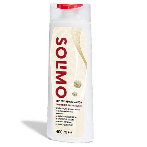 Marca Amazon - Solimo Champú revitalizante, protección para el cabello teñido, con queratina, filtro UV y proteínas- Paquete de 4 (4 Botellas x 400ml)