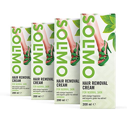 Marca Amazon - Solimo - Crema depilatoria para pieles normales con aroma de naranja verde y extracto de té verde ecológico, Pack de 4 (4 unidades x 200 ml)