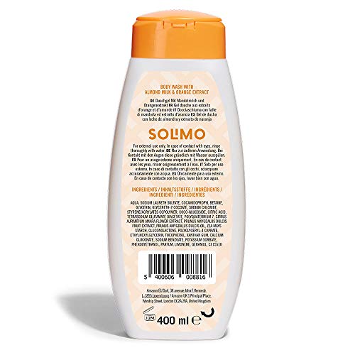 Marca Amazon - Solimo Gel de ducha con leche de almendra y extracto de naranja- Paquete de 6 (6 Botellas x 400 ml)