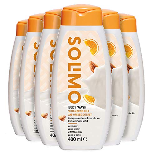 Marca Amazon - Solimo Gel de ducha con leche de almendra y extracto de naranja- Paquete de 6 (6 Botellas x 400 ml)