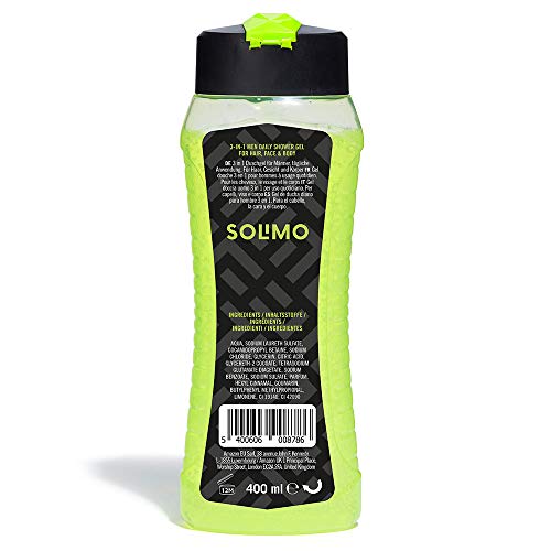 Marca Amazon - Solimo Gel de ducha diario para hombre 3 en 1 (Cuerpo, cara y cabello)- Paquete de 6 (6 Botellas x 400 ml)