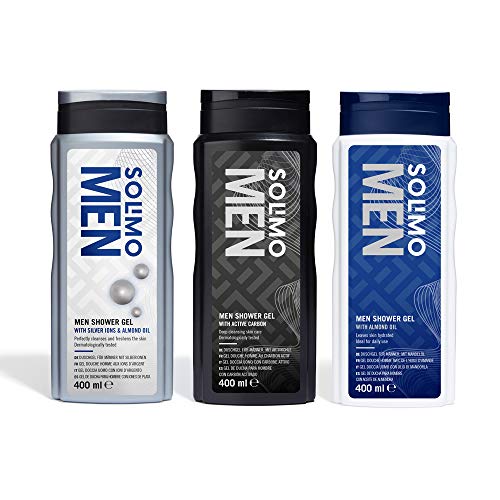 Marca Amazon - Solimo Gel de ducha para hombre - Paquete de 6 (2 x Iones de plata y aceite de almendra, 2 x Carbón activado, 2 x Aceite de almendra)