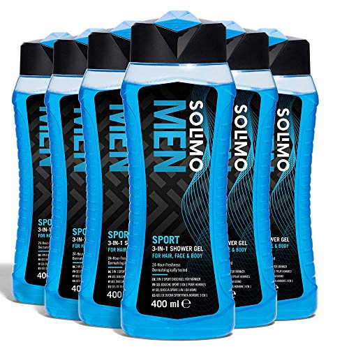 Marca Amazon - Solimo Gel de ducha sport para hombre 3 en 1 (Cuerpo, cara y cabello)24 horas de frescor- Paquete de 6 (6 Botellas x 400 ml)